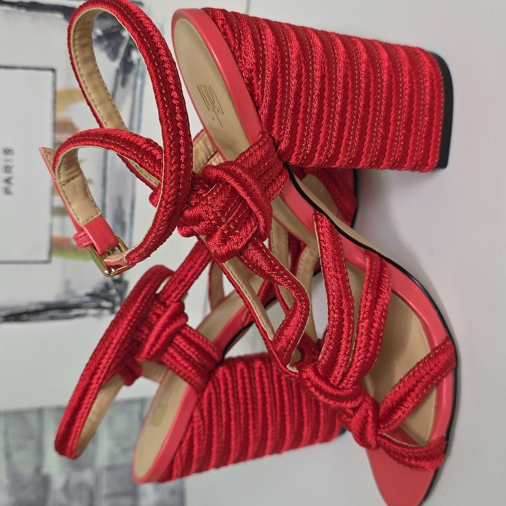 CAbi Tip Toe Red Rope Strappy Block Heel Ankle Strap Sandals Size 7 Style 6012 - Picture 8 of 13